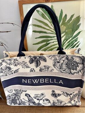 Newbella Lynne Canvas Tote Bag Floral Blue & Cream